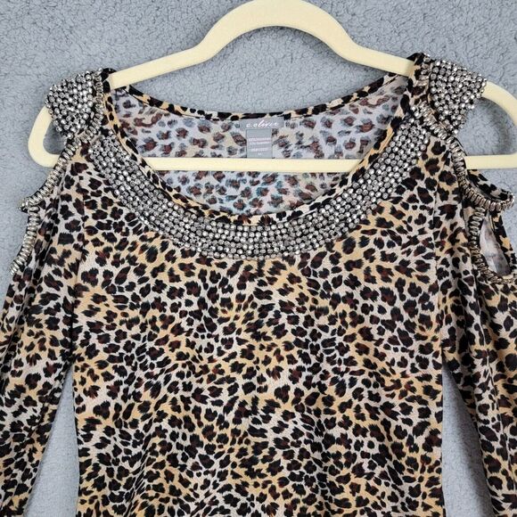 C. Oliver Blouse M Leopard Print Cold Shoulder Stretchy Silver Bead Embellished - Picture 8 of 16